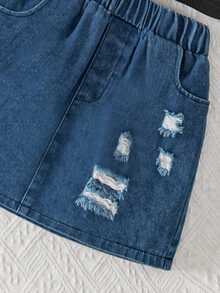 Conjunto de 3 peças para meninas pré-adolescentes - blusa regata canelada, cardigã com gola e laço e minissaia jeans moderna, ideal para um look casual de verão. - Preto - Ver 7