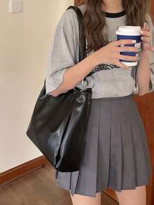 Soft Leather Tote Bag, Shoulder Bag For School - Black - View 3