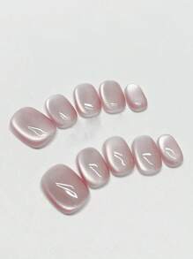 10pcs Handmade Transparent Powder Cat Eye Shape Short Nail Tips, Cool & Gentle Aesthetic, Suitable For Spring/Summer