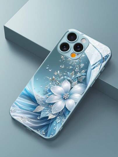 Flower Phone Case 1pc Gradient Blue & White Flower Design High Definition Tempered Glass Phone Case, Compatible With Apple 16 Pro Max/15/14 Plus/13/12/11/XR/8P And Galaxy S25/S24/S23 Ultra/S22/S20/Note20/Note10/A56/A53/A34/A14/A11/A05/A03S