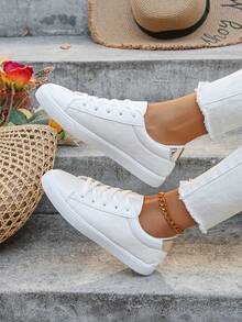 Women's Fashionable Minimalist Gold Heel Lace-Up White Casual Sneakers, Flat Outdoor Couple Shoes (Please Order 2 Sizes Up As The Shoes Run Small) - White - View 2