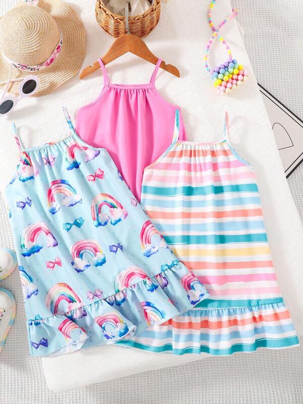 3pcs/Set Young Girls Fashion Summer Girls Outfit: Striped Print + Rainbow All-Over Print + Solid Color Patchwork Sleeveless Midi Dress, Girls Outdoor Chic Versatile Comfortable Casual Clothing For Travel, Daily Wear