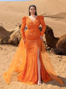 Faeriesty Haute Glamour Plus Luxurious V-Neck Long-Sleeve Beaded Evening Gown With Back-Tie Closure, Dramatic High Slit, Side Flowing Panels & Mermaid Train – Elegant Formal Wear For Red Carpet Galas, Black-Tie Dinners, Wedding Guest Attire, Award Ceremonies, And Charity Ball Events