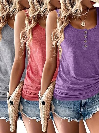 3 Stücke ärmellose, runde Ausschnitt, seitliche Knopfleiste, Kordelzugdesign Lässig Tank Top, Damen
