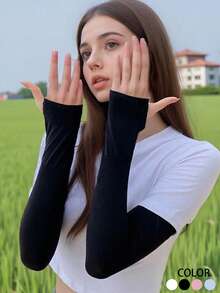 1 双女式夏季纯色冰袖，弹性长款户外防紫外线骑行袖套