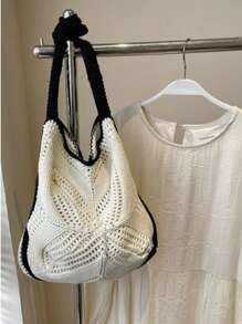 1pc Handmade Woven Bag, Artistic Style, 2025 New Korean Tote Bag, Hollow Out Knitted Bag, Summer Beach Vacation Pouch, Ideal For Summer, Vacation And Daily Use, Travel Essential