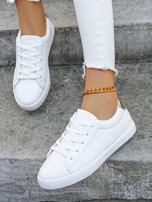Women's Fashionable Minimalist Gold Heel Lace-Up White Casual Sneakers, Flat Outdoor Couple Shoes (Please Order 2 Sizes Up As The Shoes Run Small) - White - View 3
