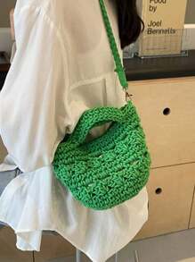 Bolso de playa de ganchillo de verano para mujer, bolso de playa pequeño, ligero, minibolso de hombro, bandolera, estilo preppy, bolso de cubo de hombro de mujer de algodón tejido hueco, bolso bandolera con estilo, para playa, vacaciones, verano, playa, vacaciones, bolsa de viaje