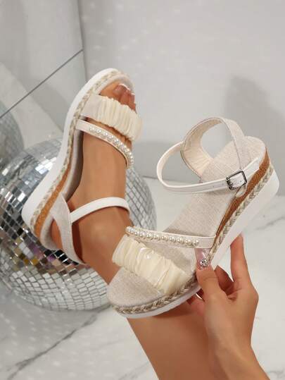 Foot Flair Women's Extra Large Size Color Block One-Buckle Backless Espadrille Platform Wedge Sandals, Summer Vacation Beach Style, Lightweight Chunky Sole Roman Sandals