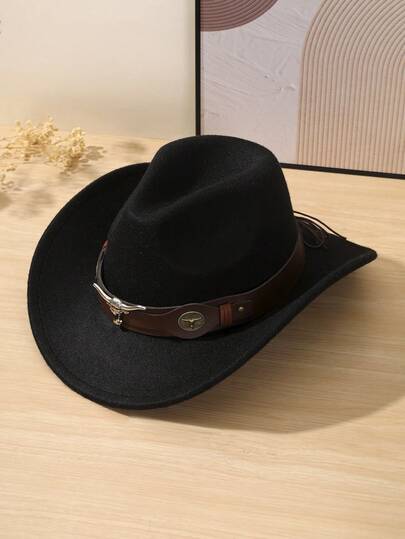 1 件男士涤纶西部牛仔帽，男女通用复古风格帽子，带公牛装饰，适合休闲装、西部牛仔派对、酒吧牛仔