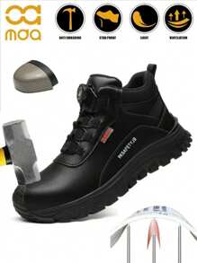 Unisex Leather Rotating Button Comfortable Safety Shoes, High Top Safety Boots, Steel Toe Shoes, Anti-Crush Anti-Puncture Protection Hiking Boots, Unisex Design, Waterproof, Anti-Skid, Wear-Resistant Work Shoes, Suitable For All Seasons, Black