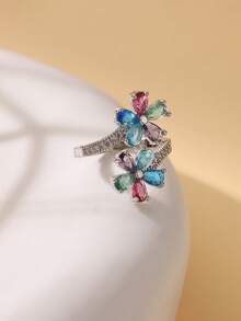 1 Pc Fashion Artificial Zirconia Double Flower Rings For Women Color Flower Opening Geometry Ring Wedding Party Jewelry Gifts