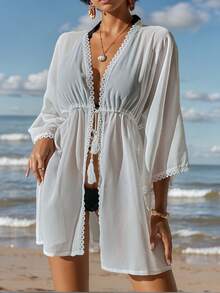 1 pieza Cubre-todo casual de mujer de un solo color, estilo kimono, para playa, vacaciones/resort, primavera/verano