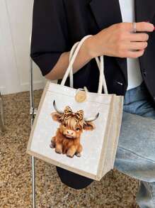 Bolsa tote estampada com tema de vaca das Terras Altas, leve uma bolsa de maquiagem com a mesma cor, portátil, reutilizável, leve, bolsa de mão, bolsa de ombro de linho, bolsa de armazenamento, porta-moedas, bolsa de mão, bolsa de viagem essencial, bolsa de grande capacidade, sacola de compras estampada, adequada para escola, universidade, trabalho, negócios, deslocamento diário, atividades ao ar livre, viagens, feriados, presentes para professores, família, amigos, presente de Dia das Mães, compra obrigatória em 6 de junho
