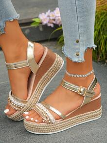 Plus Size Women's Platform Wedge Sandals, New Summer Fashion Elegant Bohemian Style Gold Rivet Woven Thick Bottom High Heel Sandal, Suitable For Daily Wear, Vacation, Work Commute, Comfortable & Versatile - Gold - View 6