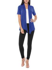 Casual Solid Short Sleeve Open Front Draped Cardigan For Office & Everyday Wear - Royal Blue - View 4