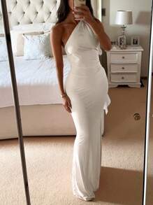 女士连衣裙，适合度假、派对、婚礼季节，粉色不对称领口，系带设计，针织弹力面料，完美修身廓形，非常适合返校、毕业、乡村音乐节、全白派对