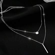 Square, Round, Sparkling Rhinestone, Double-Layer Women's Collarbone, Cool Style, Collarbone Chain, Women's Simple Elegant, Neck Chain - Silver - View 3