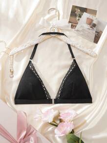 Sexy Charming Lace Patchwork Ribbed Front Closure Bra, Fashionable Halter Backless Wireless Comfortable Lingerie