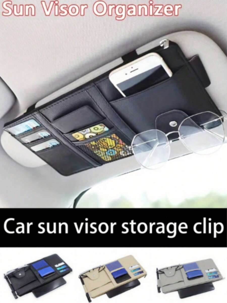 1pc Multifunctional Car Sun Visor Organizer Bag With Zipper, Storage Pouch For Sunglasses, Cards, License Fits All Cars, Pickups, Trucks
