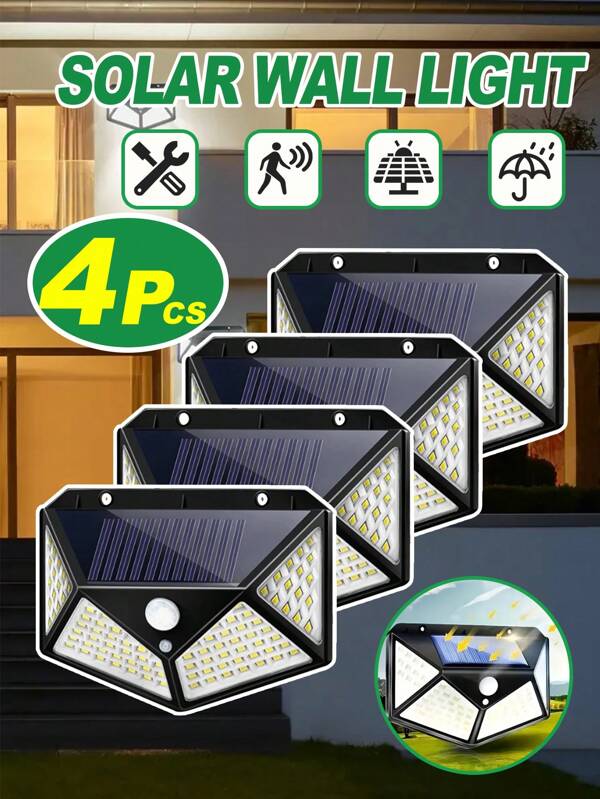 1/2/4 piezas 18650-1200mAh 100LED Luz solar de pared para exteriores con sensor de movimiento PIR, luz solar alimentada por energía solar, luz de calle solar súper brillante de 3 modos para jardín, patio y exterior