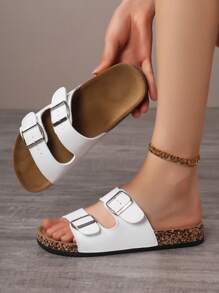 Cute Buckle Soft Cork Sole Slippers, Unisex Beach Sandals, Wide And Plus Size Outdoor Shoes