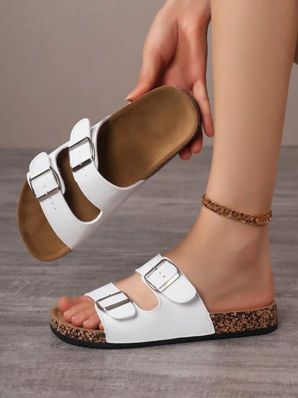 Cute Buckle Soft Cork Sole Slippers, Unisex Beach Sandals, Wide And Plus Size Outdoor Shoes