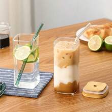1pc Aesthetically Square Lid Straw Heatproof Glass Cup, Portable High Borosilicate Milk, Coffee, Juice Cup, Large Capacity Square Mouth Glass Water Bottle
