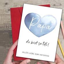 1pc Heartfelt Father's Day Greeting Card With Envelope – Blue Watercolor Heart Design, German Edition For Dad, Stepfather, Or Adoptive Father, 12cm X 17cm, Perfect For Celebrating Father-Youngsters Bond, Fathers Day Gift