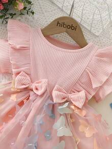 Vestido de verano para bebé niña con tul, mangas con volantes y estampado floral, incluye diadema - Rosa Pálido - Ver 4