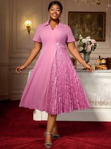 Pink Turn Down Collar A Line Dresses Lace Patchwork Short Sleeves Work Business Party Fashion Curve Women