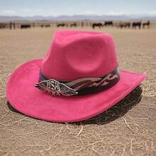 Women Men Cowgirl Hat Letter Wings Sign Wide Brim Western Hats For Wedding Rave Party Travel Accessories - Hot Pink - View 2