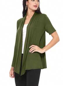Casual Solid Short Sleeve Open Front Draped Cardigan For Office & Everyday Wear - 橄欖綠 - 查看 2