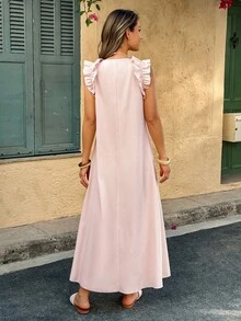 女式泡泡袖荷叶边喇叭长连衣裙 - 粉色 - 查看 4