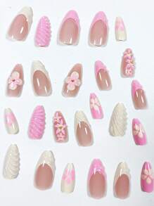 24 piezas de uñas artificiales en forma de almendra de tamaño mediano con diseño minimalista de flores amarillas y rosas para manicura francesa, adecuadas para damas de oficina, uso diario, citas, tardes de té y actividades al aire libre