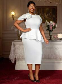 White Bodycon Dresses Elegant Peplum 3D Flowers Occasion Wedding Guest Plus Size Ladies,Outfit For Date,Party,Wedding Dress,Bridesmaid Dress,Graduation Dress,Wedding Guest