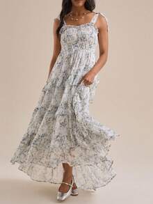 Women Boho Floral Maxi Dress Y2k Smocked Tie Shoulder Spaghetti Strap Dresses Swing Flowy Summer Sundress