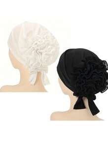 2 piezas Sombreros de turbante de poliéster de moda para mujer, gorros con pañuelo floral elástico y diseño de flor grande, cofia hijab de punto transpirable para ocasiones festivas