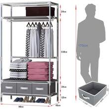 Portable Canvas Wardrobe, With 3 Drawers, Portable Wardrobe, Grey - Beige - View 6