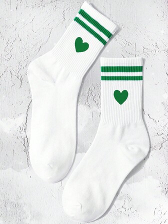 1 Pair Women Heart & Striped Mid-Calf Sport Socks, Fall