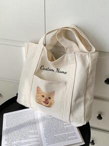 Personalized Pet Photo And Name Tote Bag, Large Capacity Shoulder Bag For Work, Travel, College Students Letter Portable, Multifunction, Versatile, Lightweight, Functional, Practical For Anniversaries, For Christmas, For Fall/Autumn, For Holiday/ Vacation, For Outdoors/Outings/Travel/Hiking/Stadium/Sports/Climbing,All-Purpose,Large Capacity,Versatile,Multifunction,Colorful,Cute,Adorable,Contracted,Funny,Kawaii,Y2K,Minimalist,Commuting,Business Casual,Basics,Custom,Personalized,Unique,Customized,Ideal Gifts For Him,Ideal Gifts For Her,Her,Family,Friends,Girlfriend,For Anniversaries,For Birthdays,For Holiday/ Vacation,For Outdoors/Outings/Travel/Hiking/Stadium/Sports/Climbing,For Business/Commute/Work/Office,Vacation