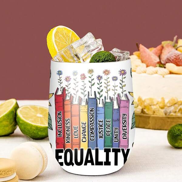 1pc Cute Wine Glass 12oz Equality Flower Book Inclusive Pride Book Lover _ Birthday Gift For Mom, Juice Cup, Stainless Steel Cold Water Cup