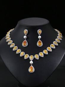 1 Set Of 3pcs Luxury Elegant Cubic Zirconia Necklace & Earrings Set, Bridal Wedding Party Dress Faux Pearl Jewelry Gift, Teardrop Decor For Women's Festive Wear