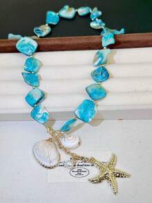 1pc Bohemian Shell, Seashell & Starfish Necklace, Suitable For Women To Wear In Any Occasion - Blue - View 3