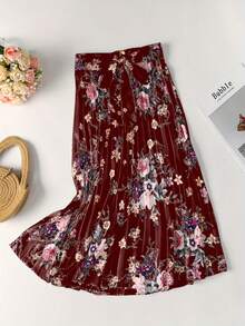 Falda plisada elegante de mujer con cintura elástica y estampado floral de satén - Burdeos - Ver 1