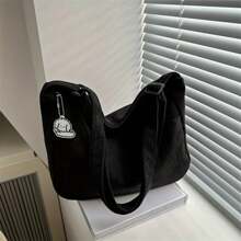 Women's Corduroy Shoulder Bag, Casual Striped Large Capacity Tote With Zipper Closure, Cute Hat Patch, Perfect For Everyday Use