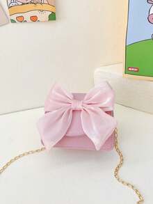 Solid Color Bow Design Women Mini Crossbody Bag PU Leather Chain Strap Small Shoulder Handbag, High-Quality Versatile Accessory Lipstick Pouch , Wedding , Pink - Pink - View 3
