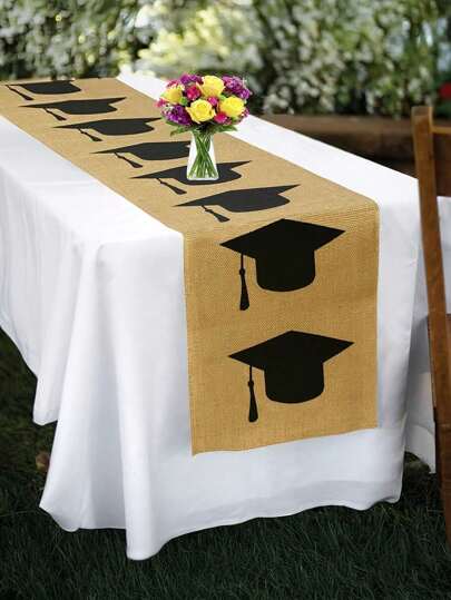 1pc Rustic Burlap Table Runner, Graduation Theme, Suitable For Party, Room Decor
