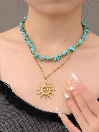 2 件多色时尚天然水晶石串珠不锈钢镀金旭日贝壳波西米亚风多层项链，适合女性休闲、海滩、度假、日常佩戴