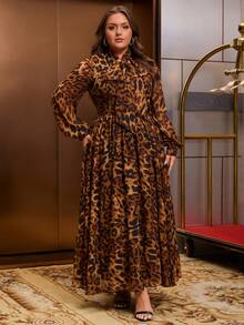 Brown Long Sleeve Stand Collar Tie Bow Plus Size Dress - Brown - View 4